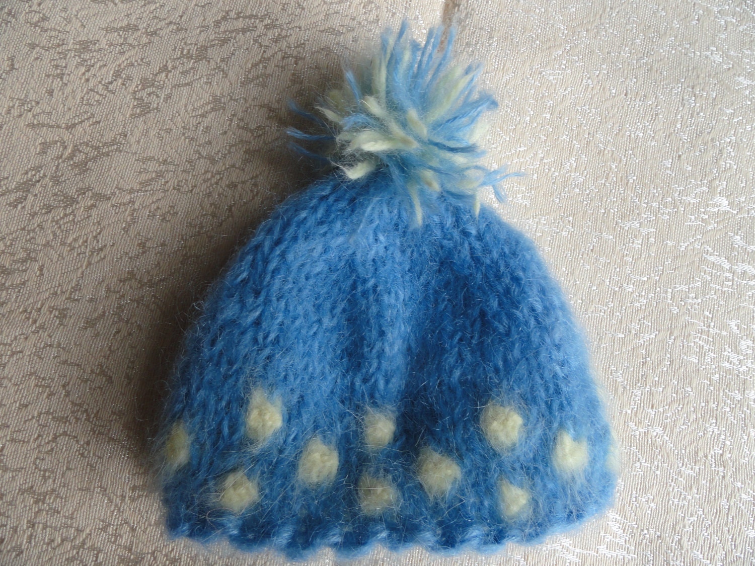 Hand made, new born baby, knitted hat, blue and light yellow mohair, baby gift