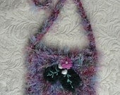 Hand knitted purse or bag, pink and grey, mohair and eye lash yarn, lined and embellished