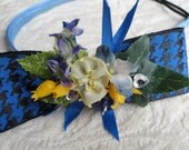 Hand made, bridal head piece, headband, blue and yellow