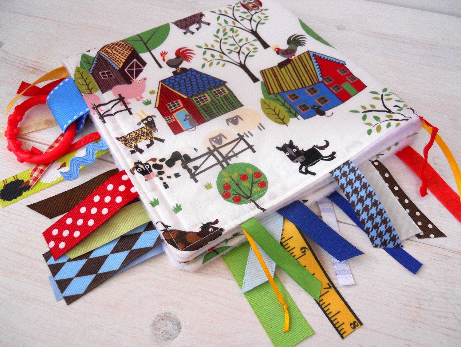 Baby Ribbon Blanket - Fleece Touch and Feel - Tag Blanket - Farm Animals