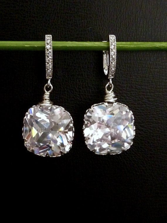 LARGE High Quality Princess Cut White Clear (Large) Square CZ  (Not Foiled Back) White Gold Plated CZ Hoop Earrings