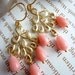 Salmon Pink Coral 16K Golden Peacock Feather Chandelier Earrings