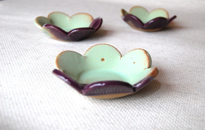 Flower  dish in eggplant and mint  handmade pottery