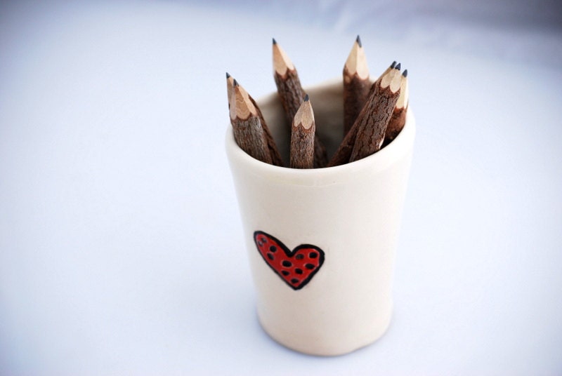 Pencil holder   with red heart great gift for mothers day