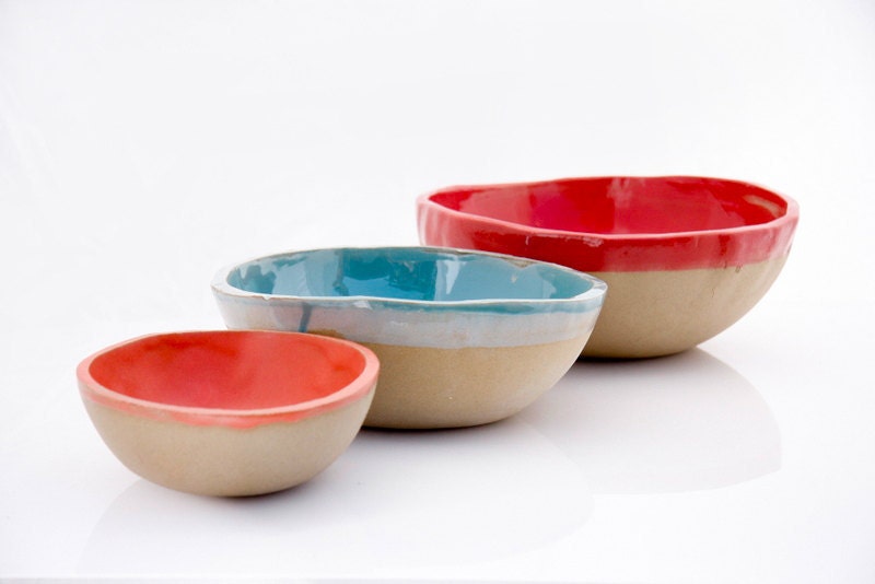Nesting Bowls in red blue and coral kitchen decor - claylicious