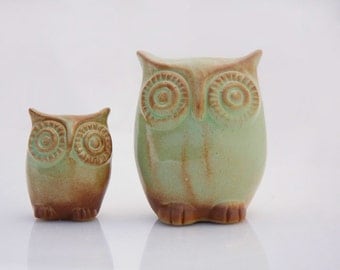 Ceramic owl and owlet  in moss green rustic home decor