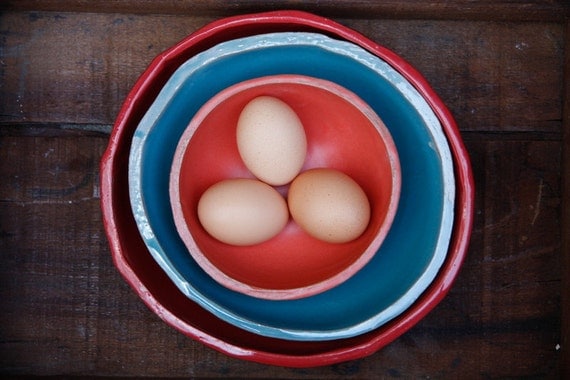 Nesting Bowls in red blue and coral kitchen decor - made to order