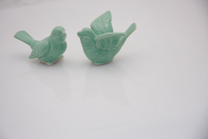 Bird wedding cake toppers in mint green love birds in a wedding dance