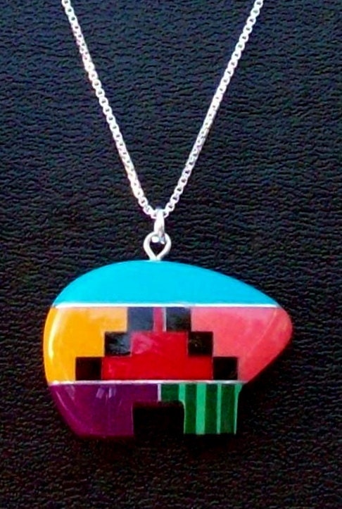 Turquoise and Sterling silver inlaid pendant- BEAR FETISH Necklace