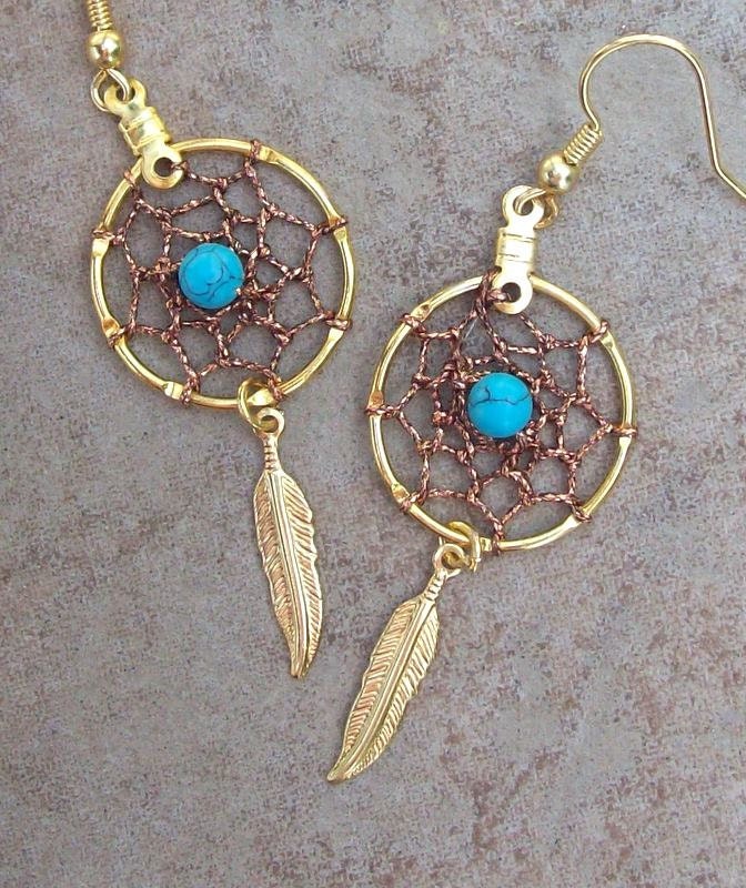 Gold, Turquoise and copper dream catcher earrings