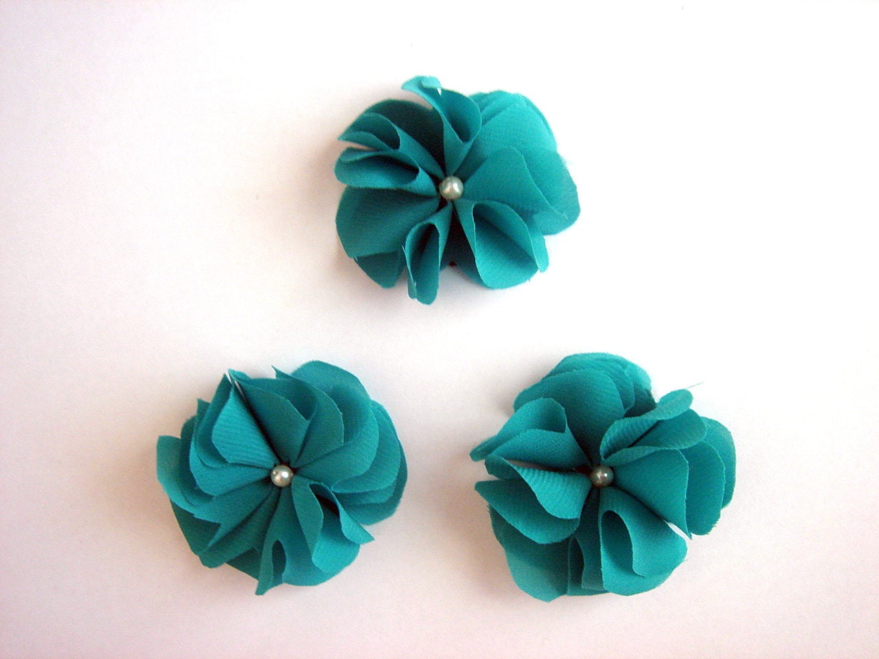 Mini Teal Green Chiffon Flower Petal Hair Pins with Pearl Centers Set of 3 WAS 4.50 NOW 2