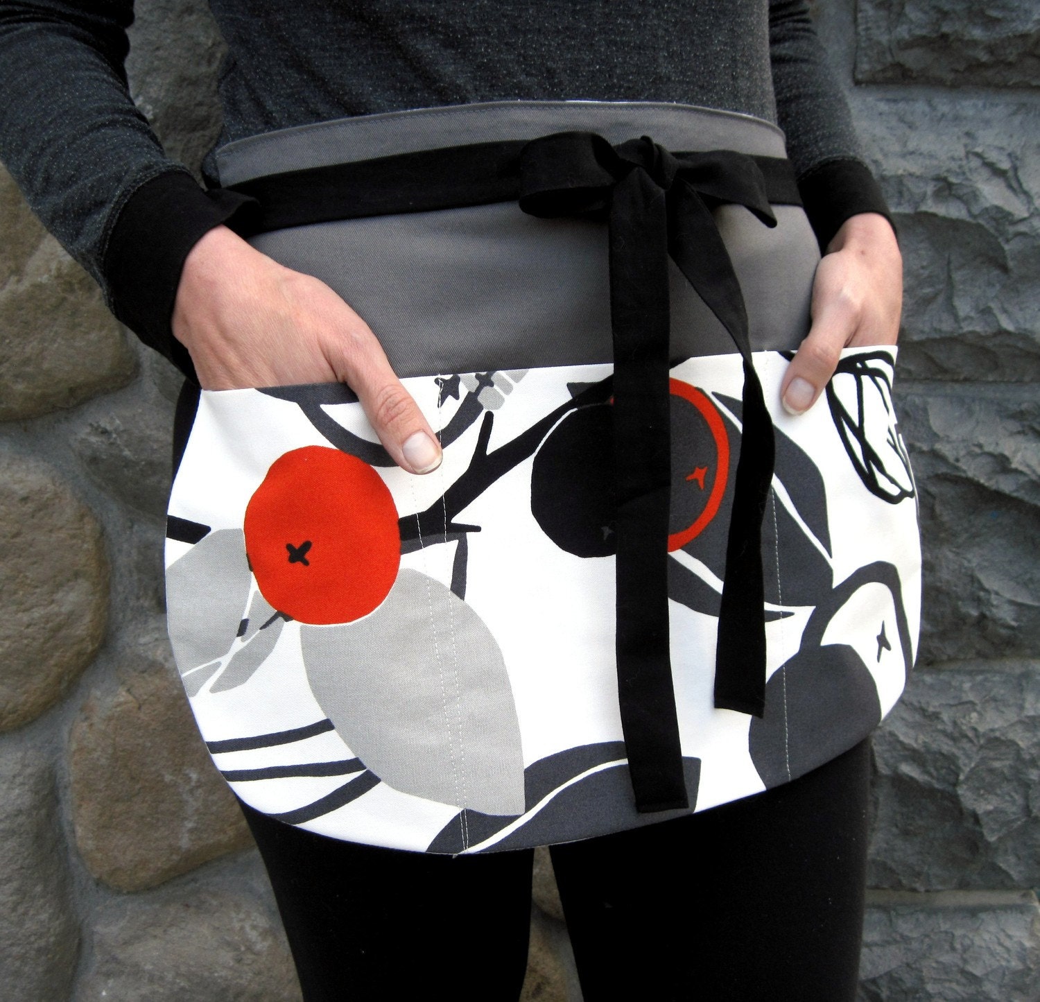 Hostess Apron - Modern Oranges Utility Half Apron in Slate Gray and Orange with Black - Utility Apron -  Entertaining Apron