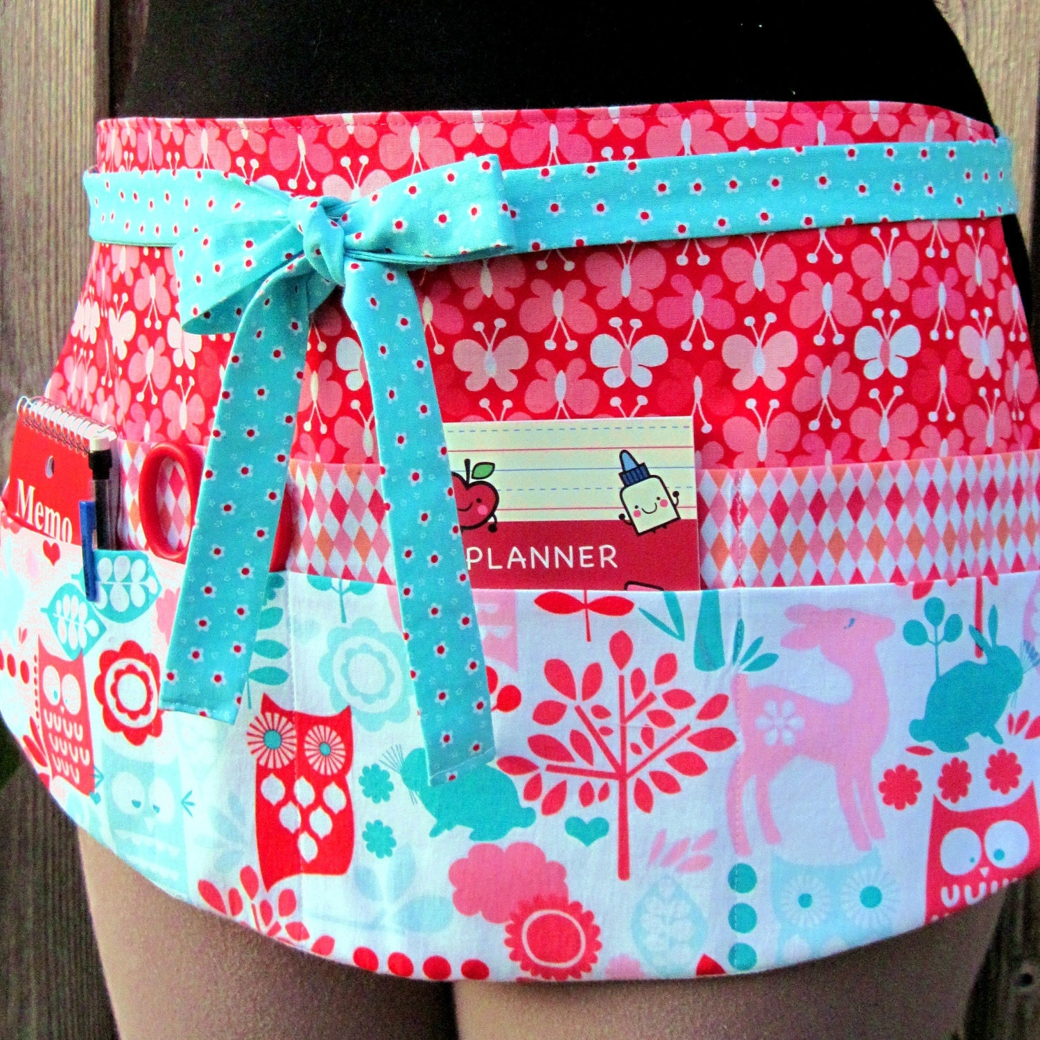 Teacher Utility Apron Owls and Butterflies Eight Pocket Utility Apron in Red, Pink and Aqua Classroom Elementary Preschool