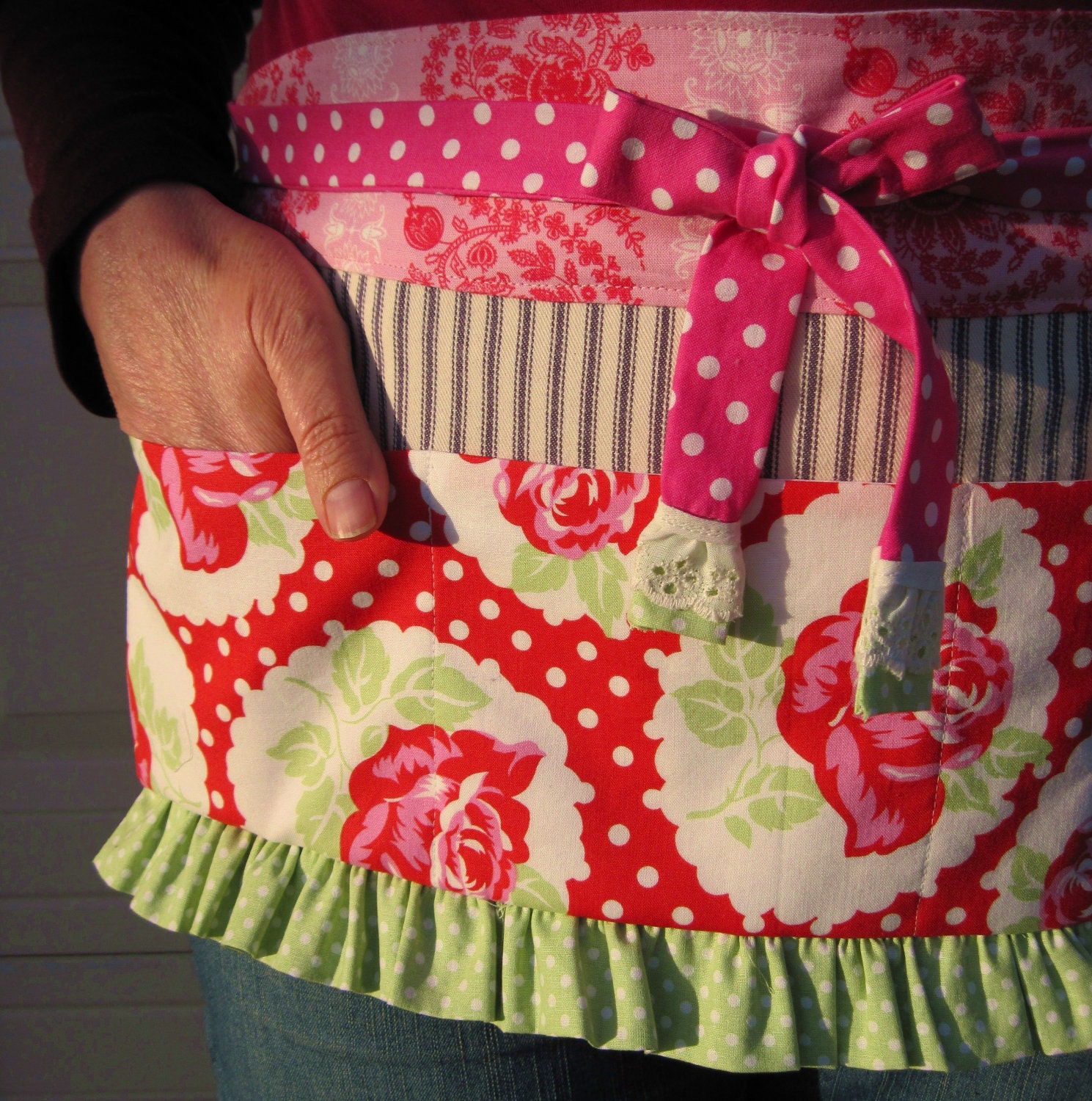 Apron Pops, Country Chic Apron with Ruffle in Red Roses, Hot Pink & Pale Lime Polka Dots, Pillow Ticking -- Craft Vendor Apron