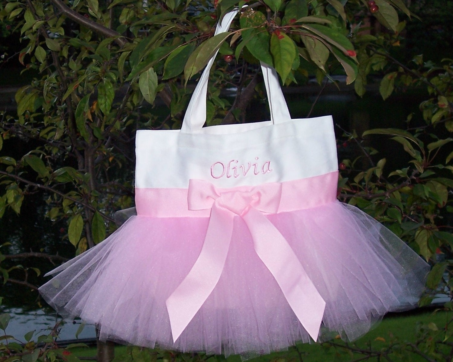 Child's Embroidered Dance Bag -White Personalized Tote Bag with Light Pink Tulle and Ribbon MINI Tutu Tote Bag - MTB21 - F
