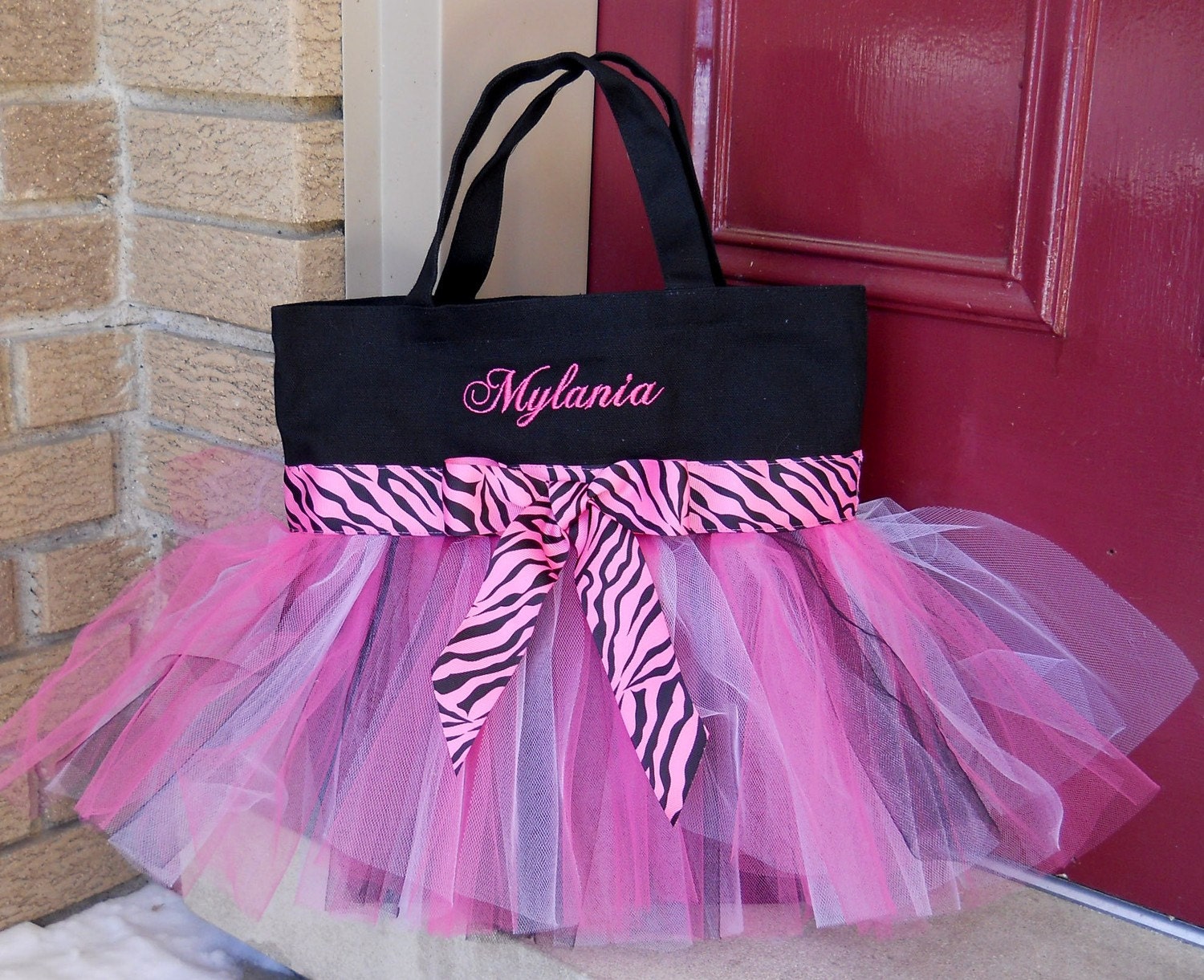 Embroidered Dance Bag - Black Tote Bag with Pink and Black Zebra Ribbon Tutu Ballet Bag - TB186 - EST