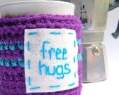 Mug Cozy Coffee Tea funny purple turquoise Free Hugs crochet handmade cover