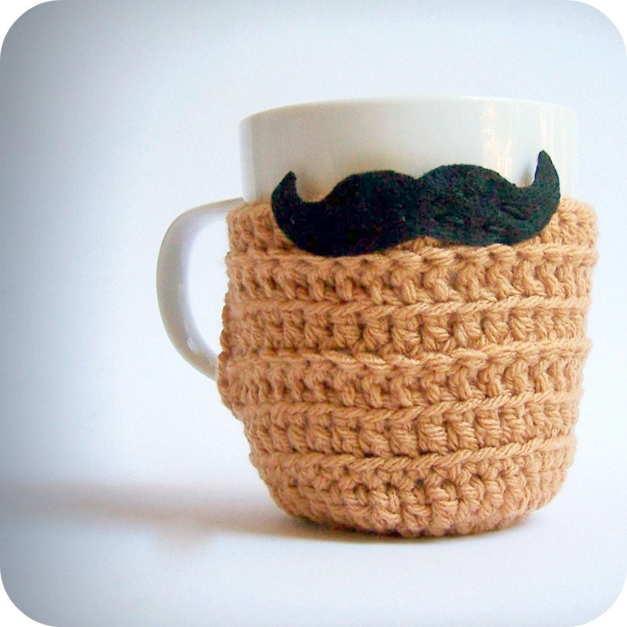 Funny coffee cozy mug tea cup black handlebar mustache crochet handmade tan nougat cozy cover