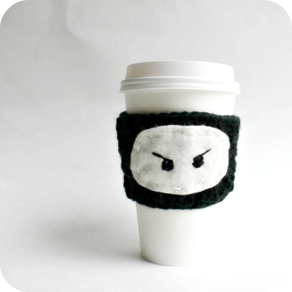 Ninja Travel Mug To Go Cup Cozy black white crochet handmade cover
