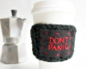 Travel Mug Cozy Don't Panic To Go Cup black red crochet handmade