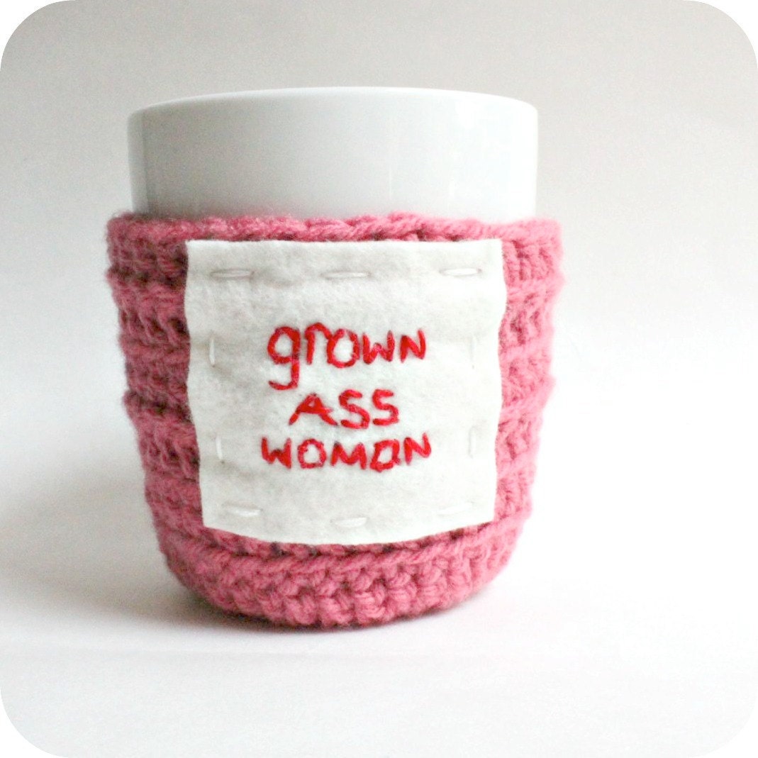 Funny Coffee Cozy Mug Tea Cup grown ass woman red pink crochet cover