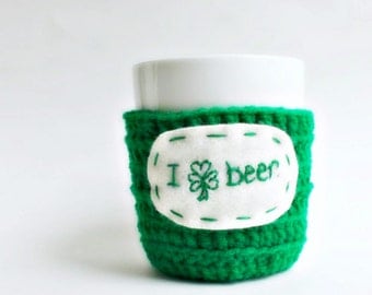 Funny coffee mug cozy I shamrock beer green handmade cover