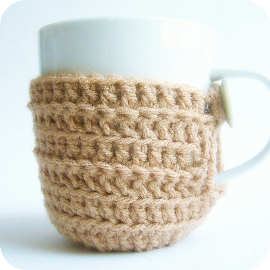 Funny coffee cozy mug tea cup black handlebar mustache crochet handmade tan nougat cozy cover