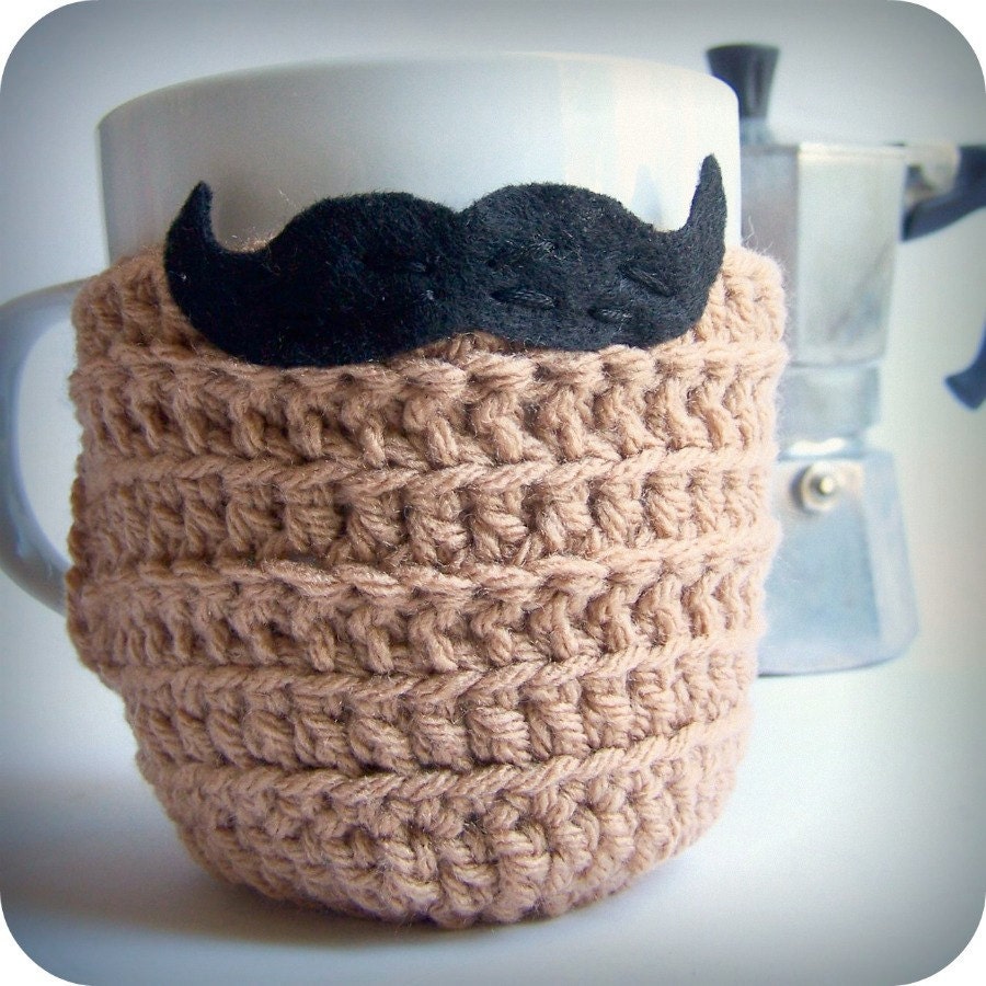 Funny coffee cozy mug tea cup black handlebar mustache crochet handmade tan nougat cozy cover