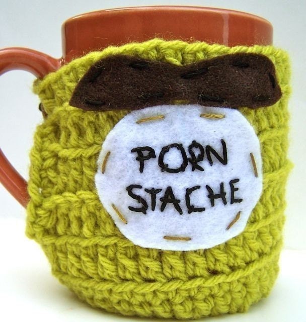 Coffee Mug Tea Cup Cozy Porn Stache chartreuse crochet cover