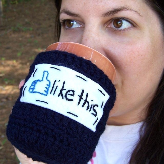 Like Funny Coffee Mug Cozy tea cup navy white Facebook crochet handmade cozy cover