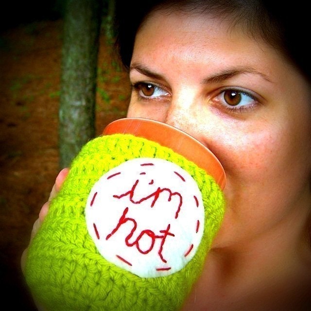 Coffee Mug Cozy Tea Cup Im Hot chartreuse red white crochet handmade cover
