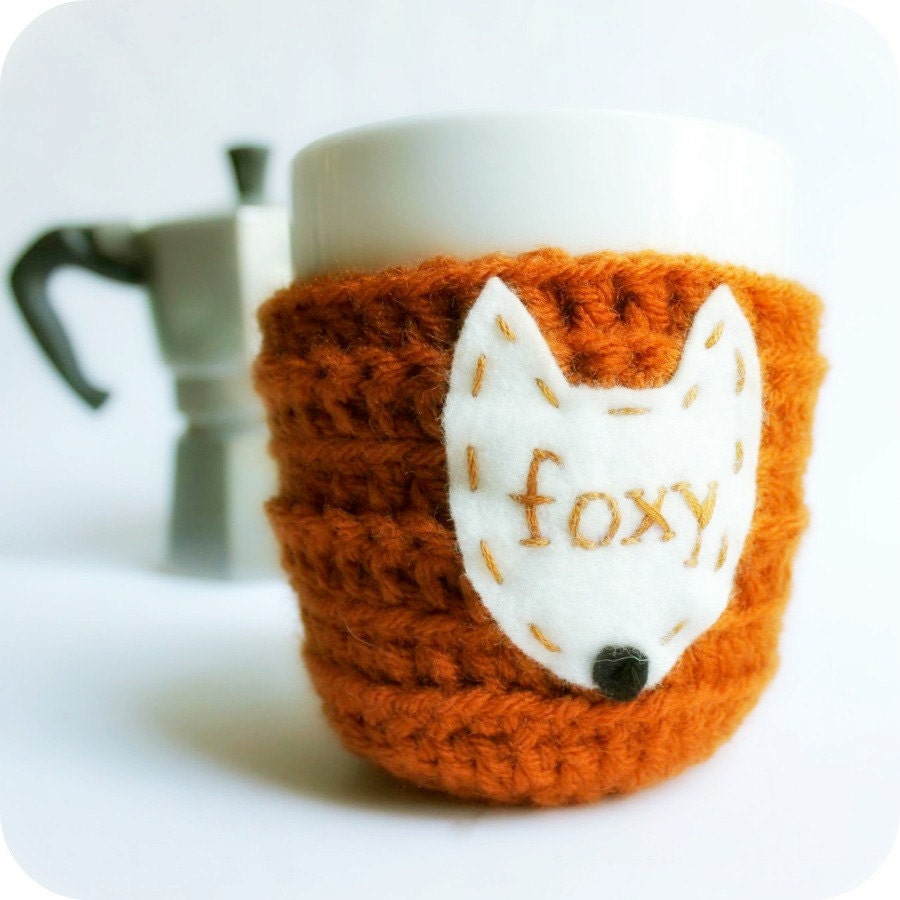 Fox Funny Coffee Mug Cozy Tea Cup foxy burnt orange brown fall autumn crochet handmade cover