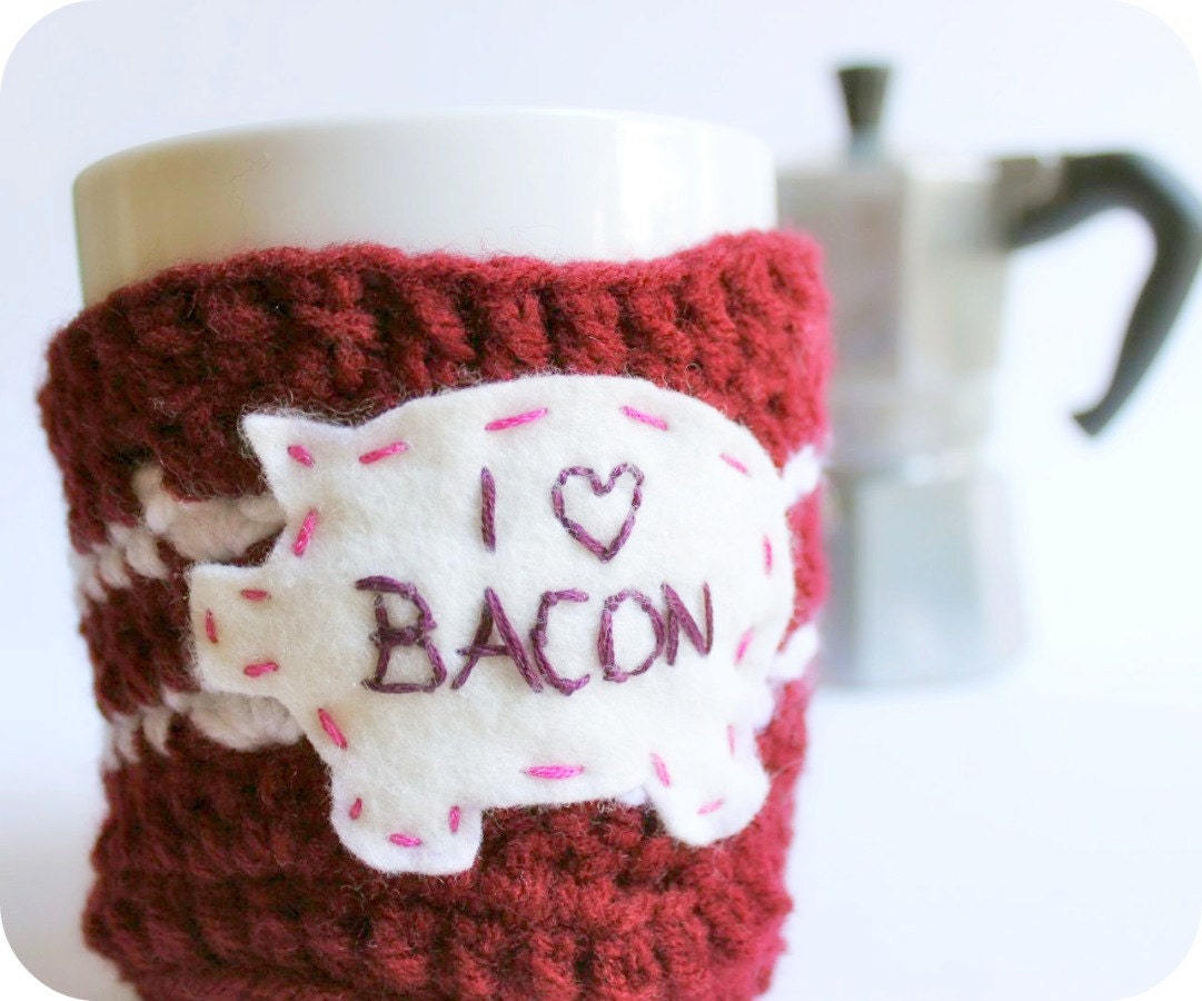 Bacon Coffee Mug Cozy Tea Cup red white crochet cover