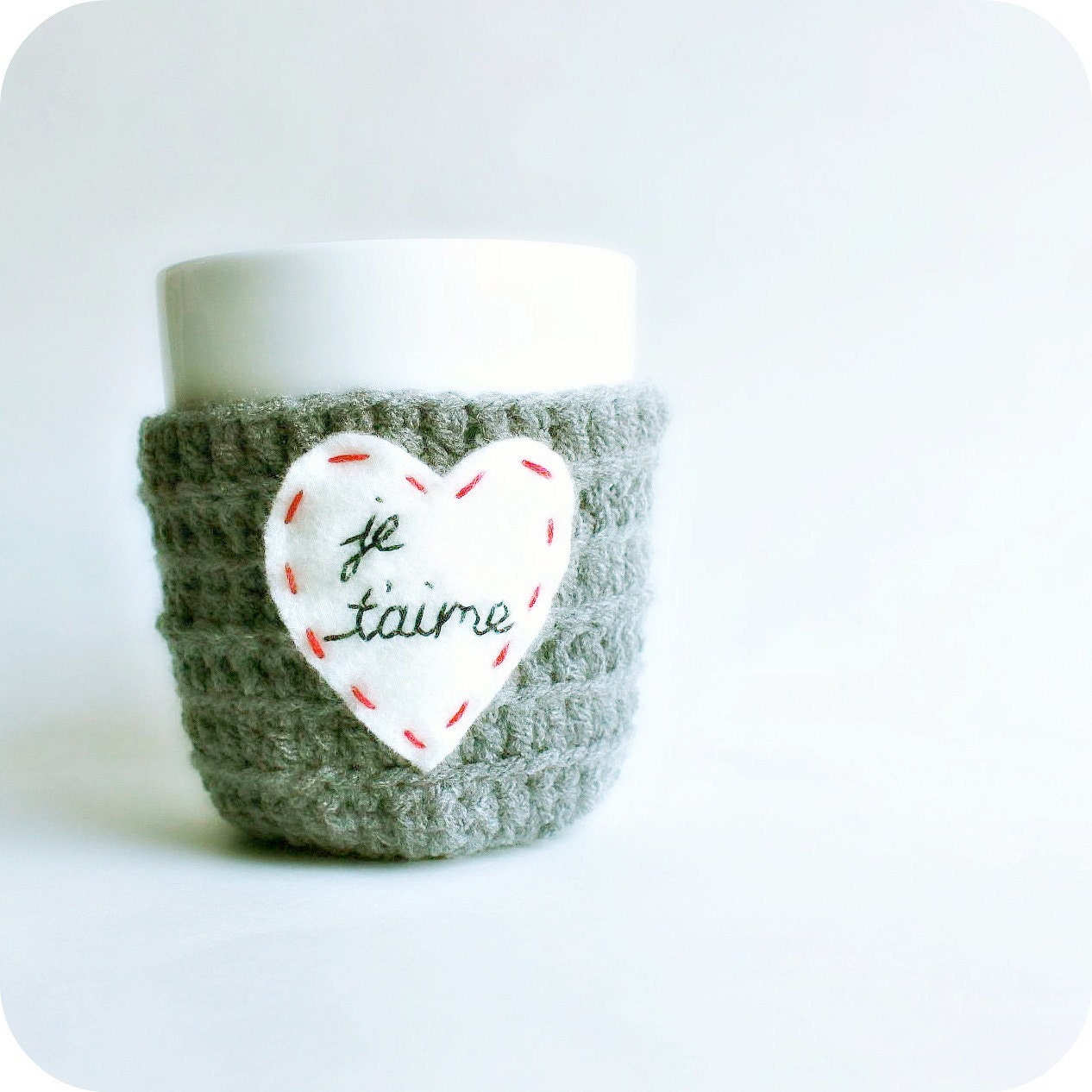 Coffee Mug Cozy love heart french Paris red white gray crochet cover