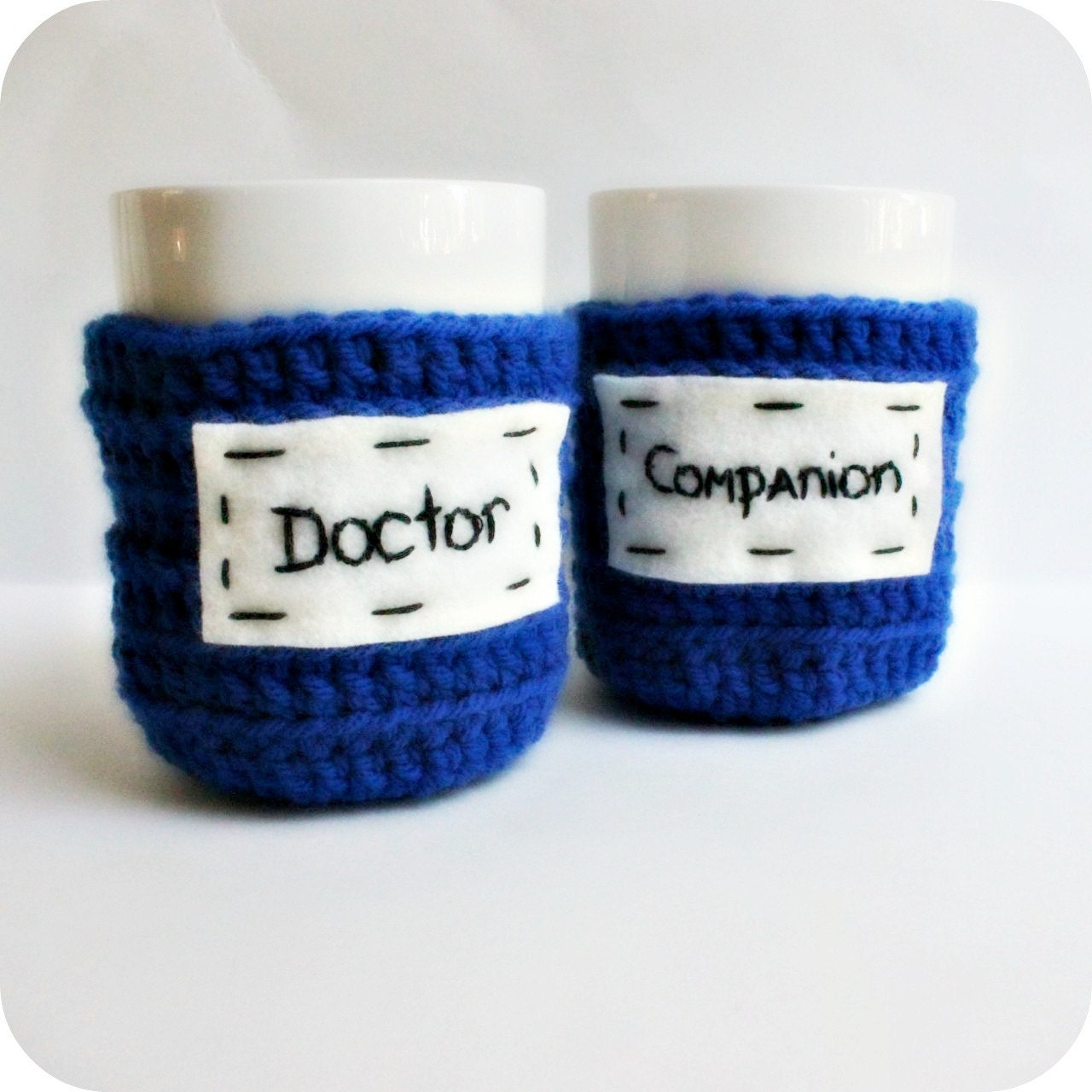 Doctor Companion Coffee Mug Cozy Tea Cup set Doctor Who royal blue crochet handmade cover