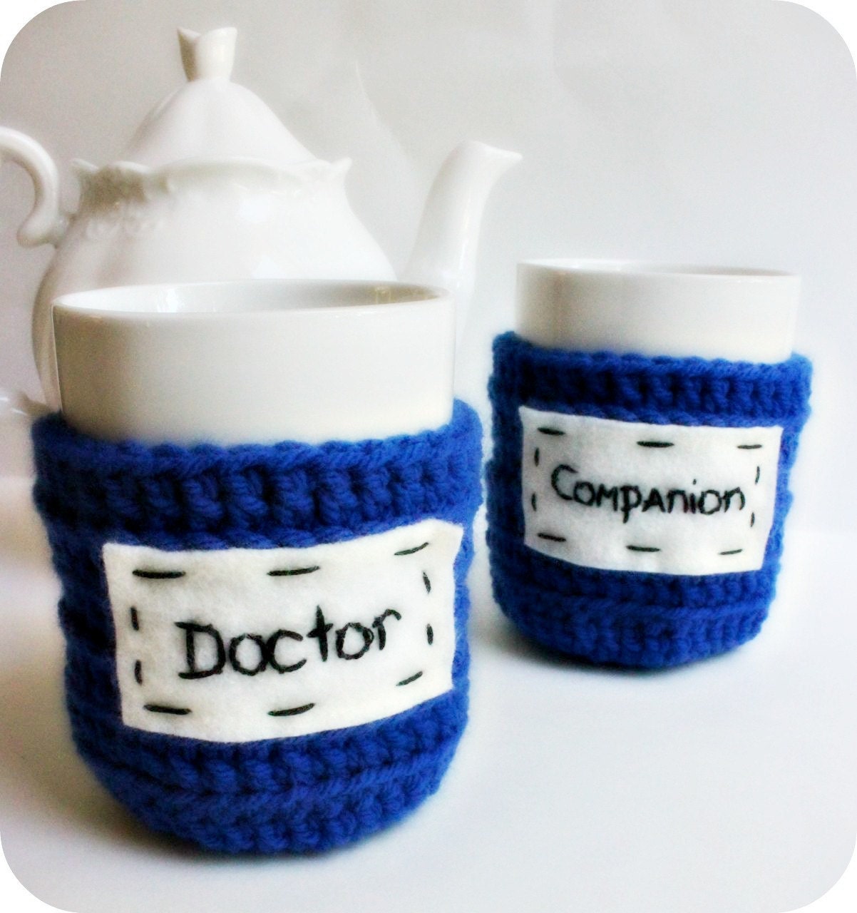 Doctor Companion Coffee Mug Cozy Tea Cup set Doctor Who royal blue crochet handmade cover