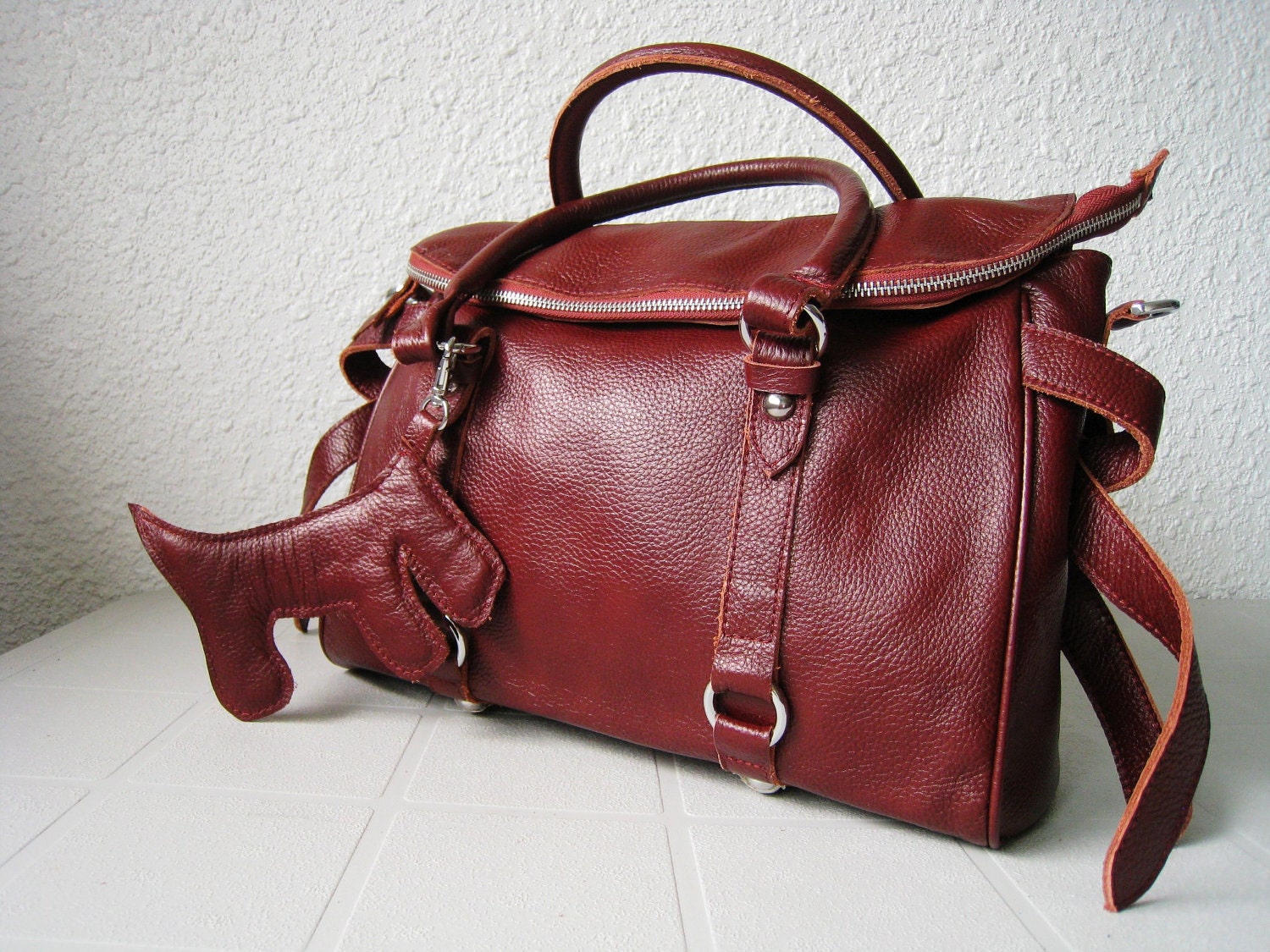 LAST ONE Leather handbag---Adeleshop clip on laptop messenger satchel purse shoulder cross body bag in Cherry Brown-brass hardware