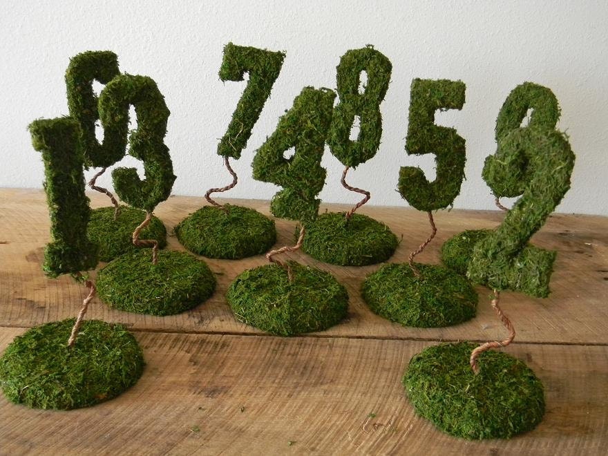 Garden Collection - Set of 9 Moss Covered Wedding Reception Table Numbers on Base (SET 1 - 9)