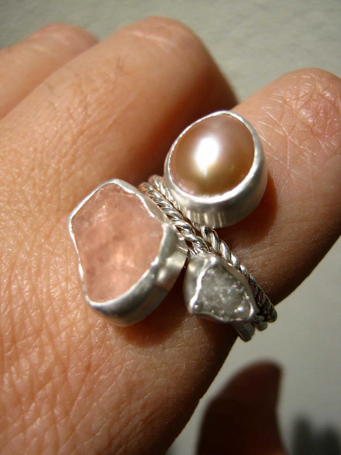 Rough Diamond, Rough Morganite and Natural Pearl Stack Ring Set - Engagement , Wedding