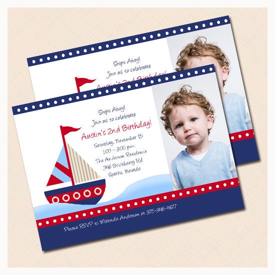 Little Sailboat Photo Birthday Invitation, Nautical birthday invitations, JPG File Digital Invitation Print your Own