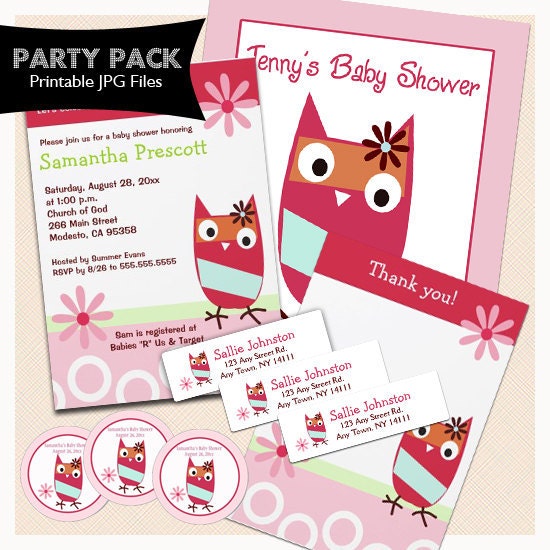 Little Pink Owl Baby Shower Party Package, Invitations, Thank you note, Return Labels