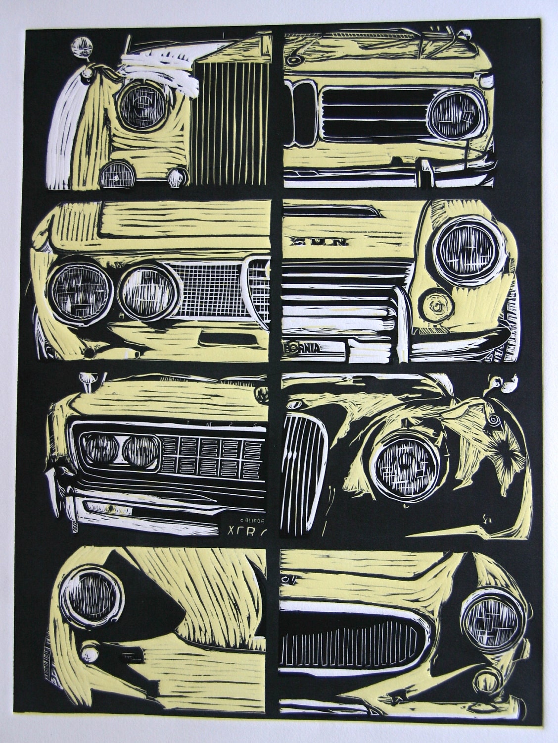 Original Limited Edition Linocut Print - vintage car montage