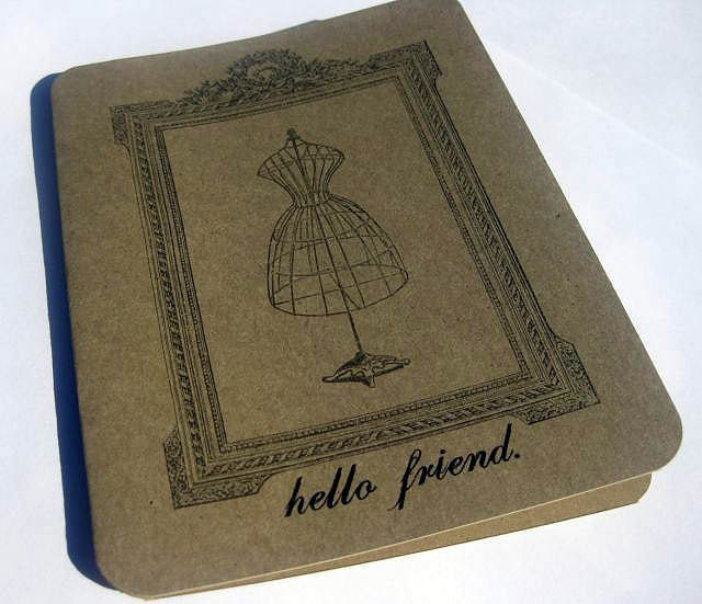 Blank Note Card, Hello Friend Vintage Dress Form, Set of 5