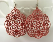 Red Metal Filigree Tear Drop Earrings