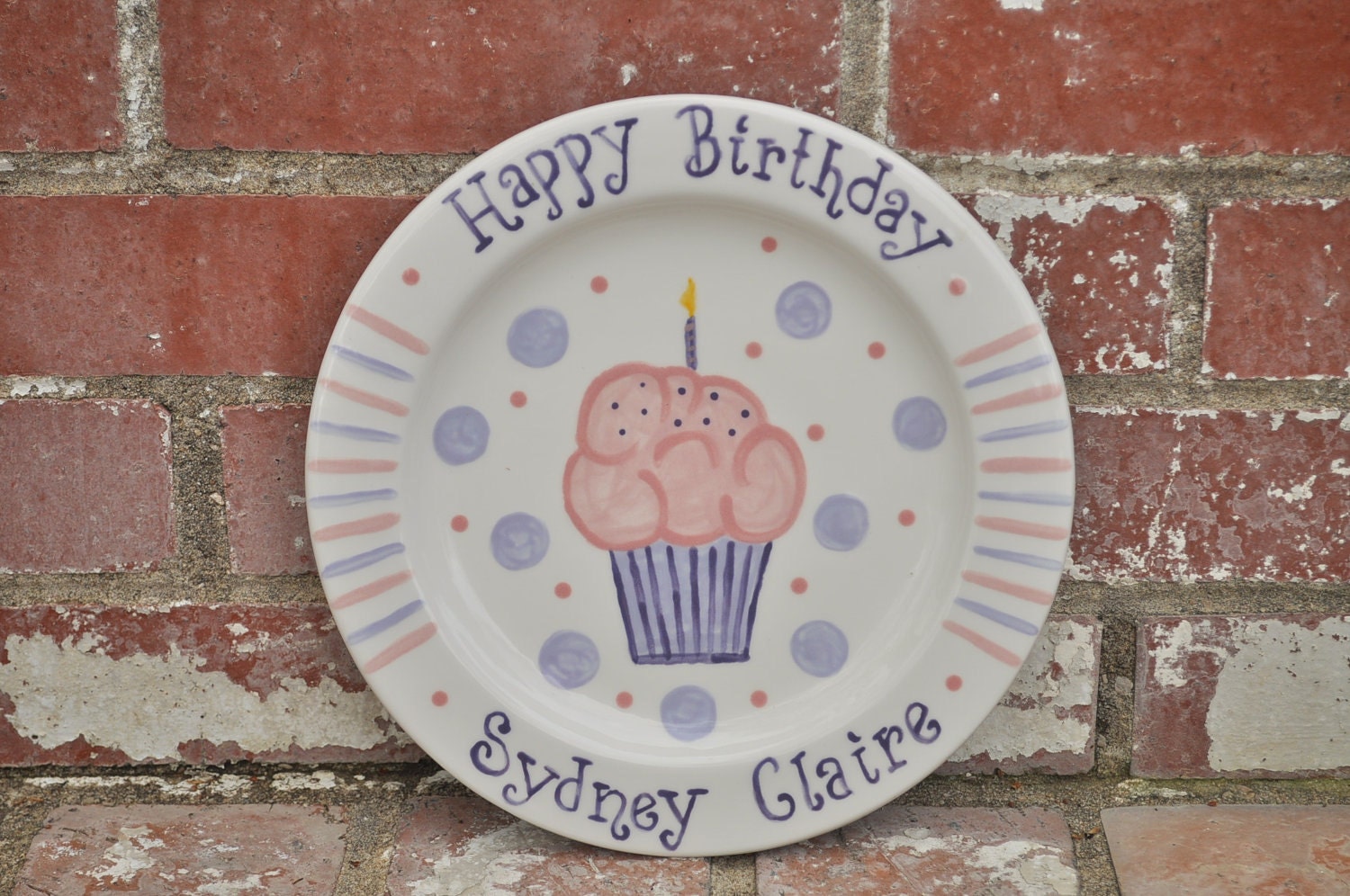 Personalized Happy Birthday Cupcake Plate in Your Choice of Name and Color in Pinks and Purples Makes Great Children's Birthday Gift