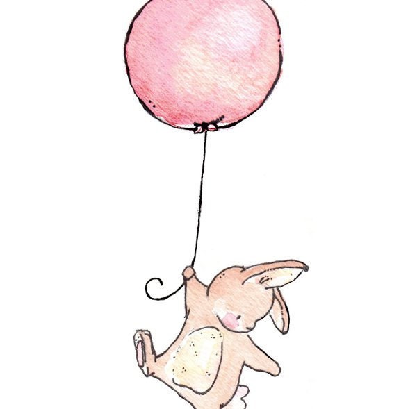 Children Art Print. Floating Bunny and Balloon. PRINT 5X7.  Nursery Art Home Decor