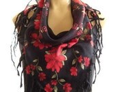 Anatolian Cotton Gauze Scarf...Beautiful Red Flowers on Black....Hottest Mediterranean Trend..Limited supply