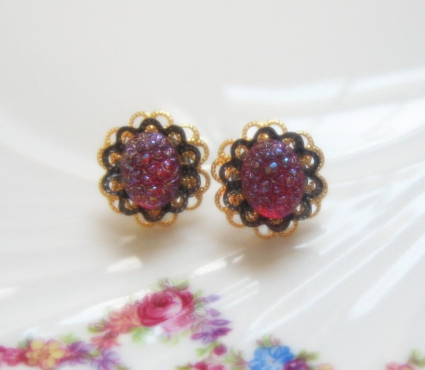 Vintage Plum Ruby Pebbled Glass and Filigree Post Earrings - Mother's Day Gift