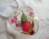 Summer Love-Red Rosebud, Greens, Queen Anne's Lace and Pink Heather Pressed Flower Triangle Glass Pendant-Symbolizes True Love