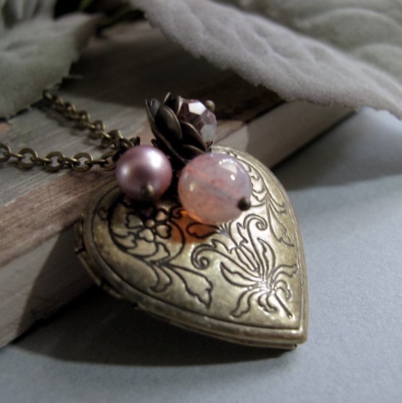 The Romantic - Locket, Medium Heart Shaped, Antique Gold Brass, Floral, Pink Charms, Vintage, Long 28 Inch Chain
